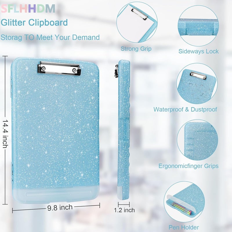 SFLHHDM Glitter Clipboard with Storage,Storage Clipboard with Pen Holder,A4 Binder Clip Boards 8.5x11 with Low Profile Clip,Side Opening Sparkle Clipboards, Clipboards Folder for Office Supplies-Aqua Blue - Image 2